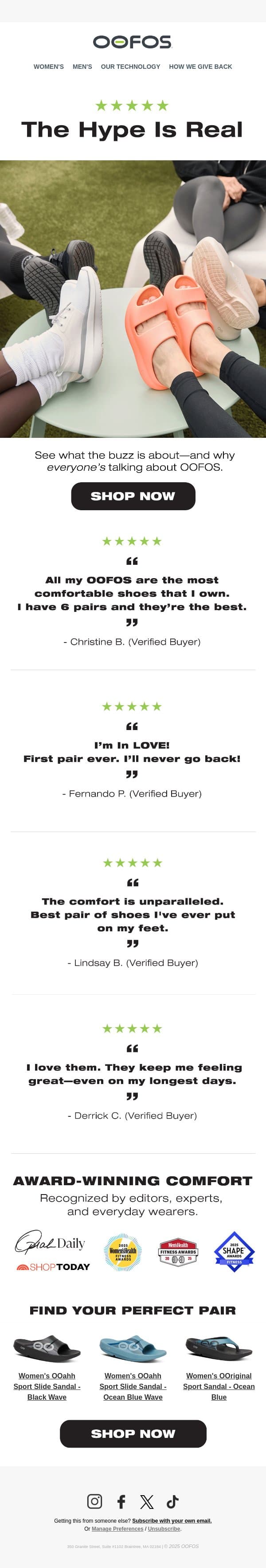 Proof That Comfort Really Can Change Everything email from OOFOS screenshot