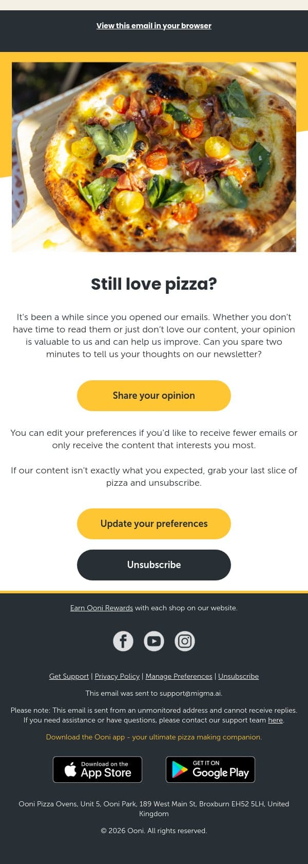 Not loving our pizza content? email from Ooni screenshot