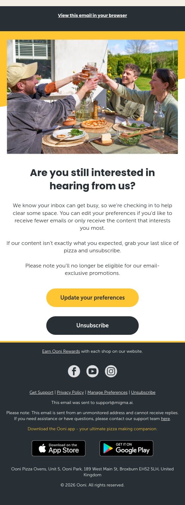 Is the pizza party over? email from Ooni screenshot