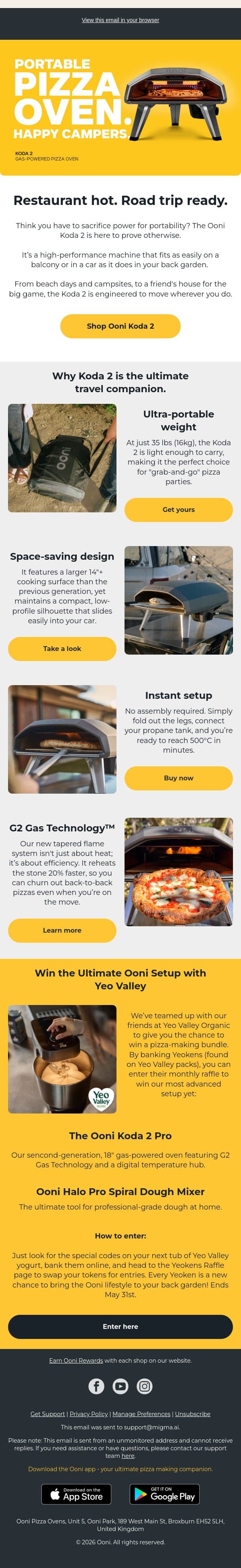 Ooni Koda 2. Pro pizza, portable power. email from Ooni screenshot