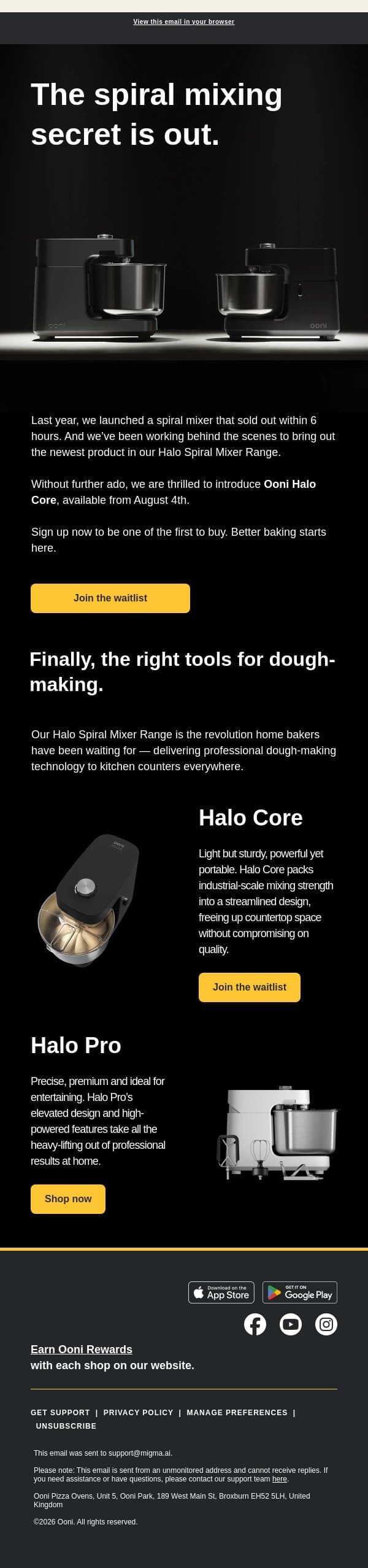 We just reinvented the home mixer. Again. email from Ooni screenshot