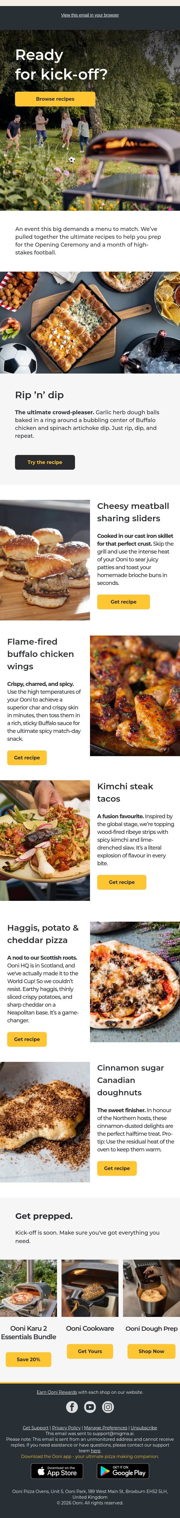 Epic match-day recipes inside ⚽ email from Ooni screenshot