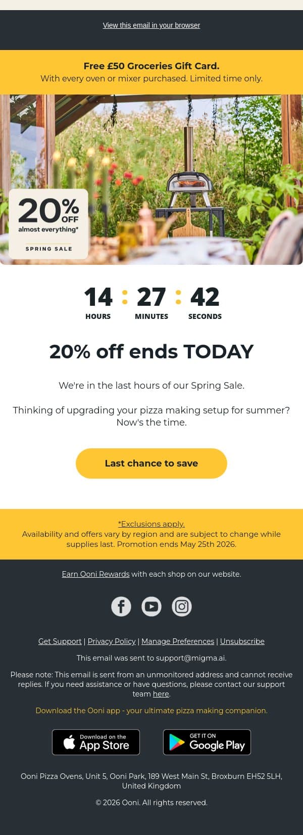 20% off almost everything ends TONIGHT. email from Ooni screenshot