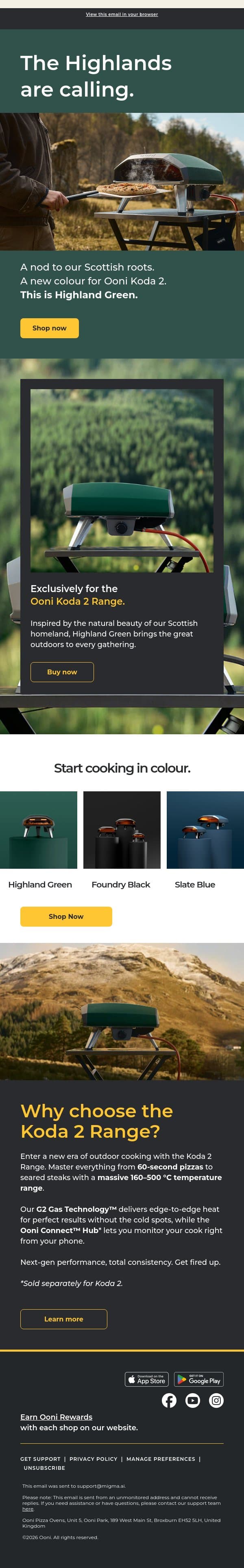 Hello, Highland Green email from Ooni screenshot