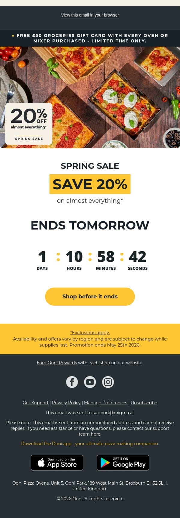 One more day for 20% off almost everything! email from Ooni screenshot