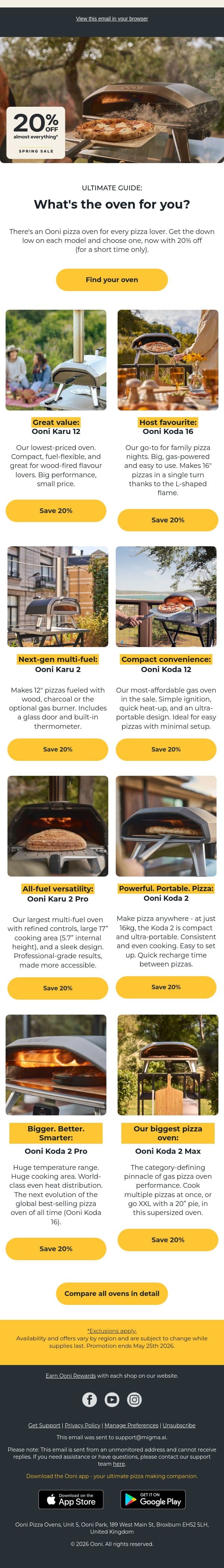 Save up to 20% on almost all Ooni pizza ovens. email from Ooni screenshot