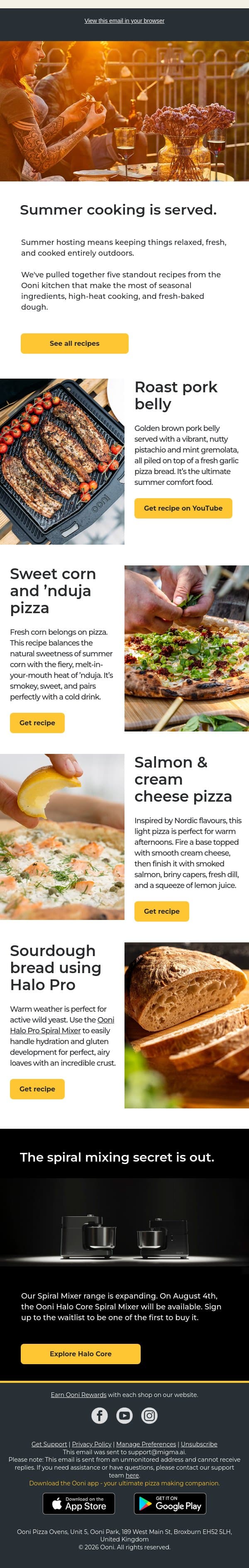 Summer recipes made for cooking outdoors. email from Ooni screenshot