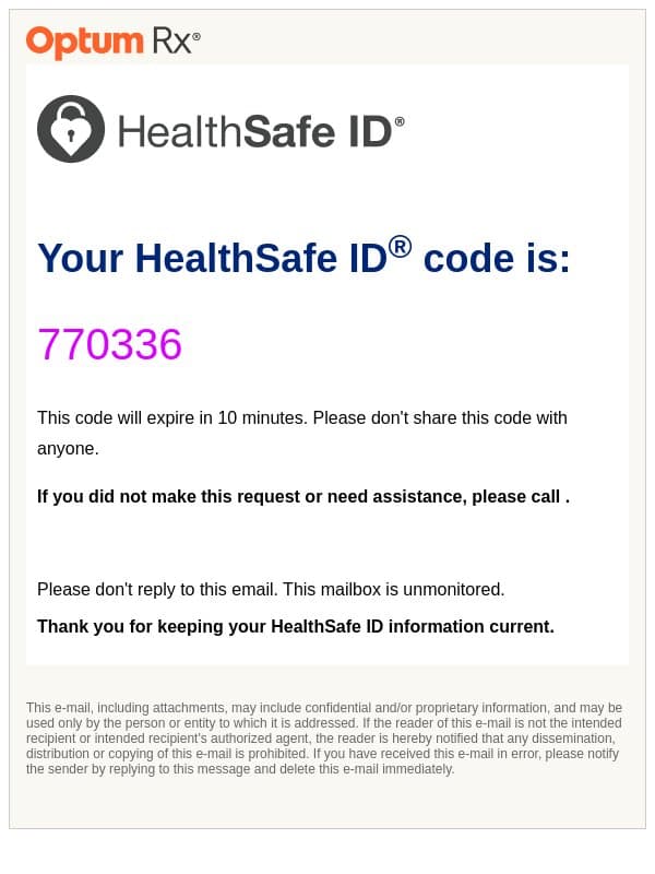 Please confirm your HealthSafe ID email address email from OptumRx screenshot