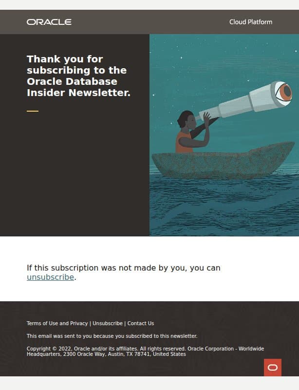 Thank You for Subscribing to the Oracle Database Insider Newsletter email from Oracle screenshot