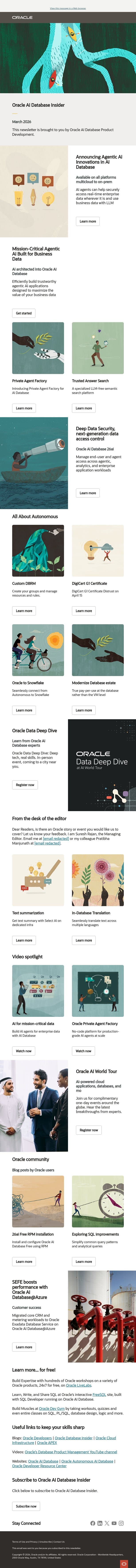 Agentic AI Innovations in AI Database 26ai email from Oracle screenshot