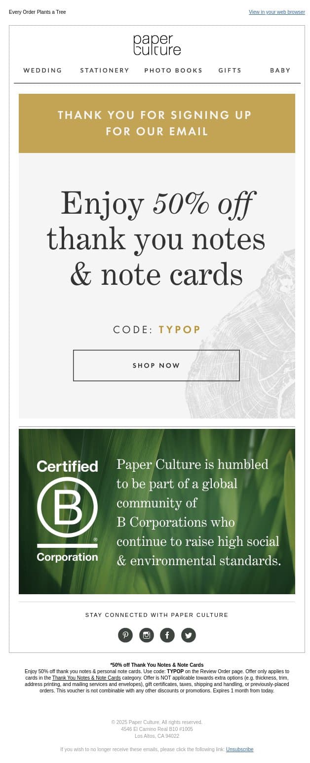 Your 50% off thank you notes and note cards voucher email from Orgain screenshot