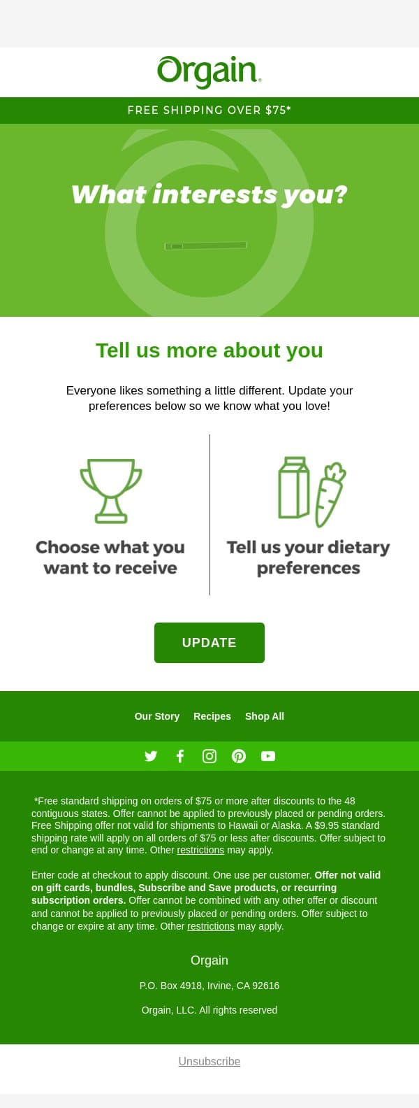 👋 Tell us about yourself email from Orgain screenshot