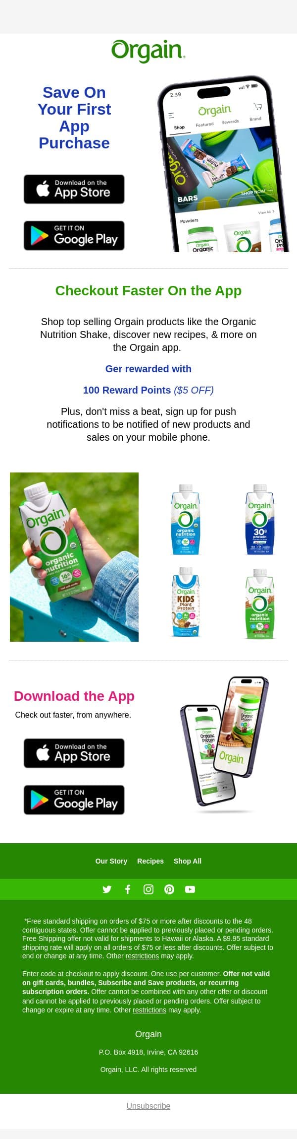 Save on your first in-app purchase email from Orgain screenshot