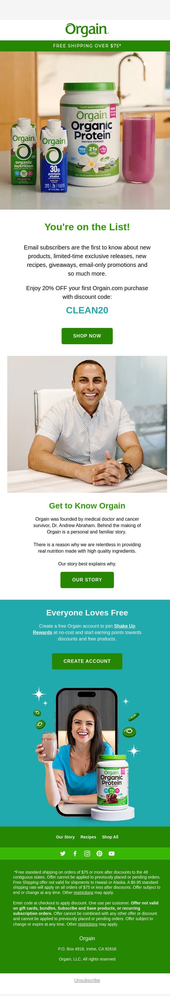 Welcome to Orgain 💚 email from Orgain screenshot