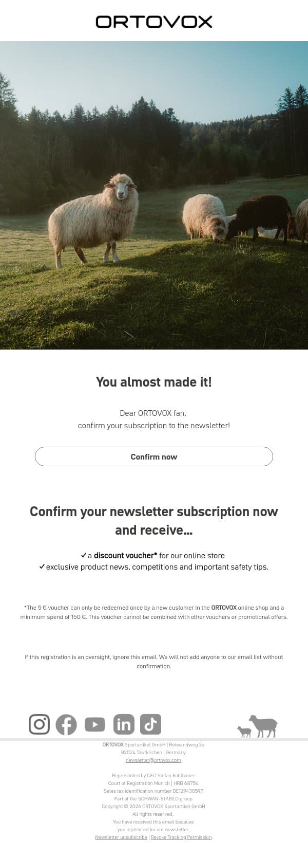 Confirm your subscription to the ORTOVOX Newsletter! email from Ortovox screenshot