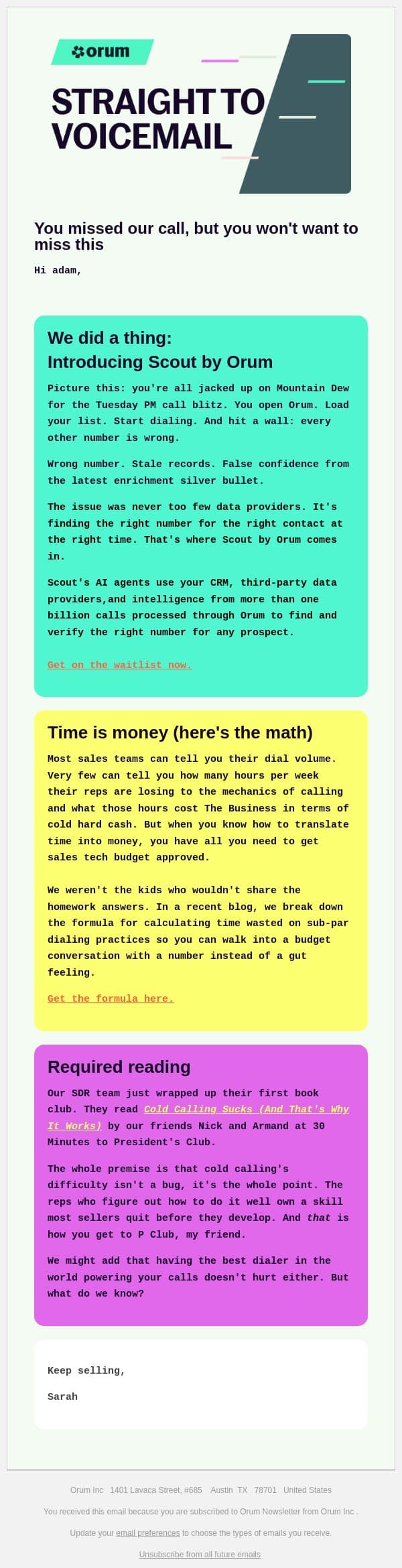 Scout's honor email from Orum screenshot