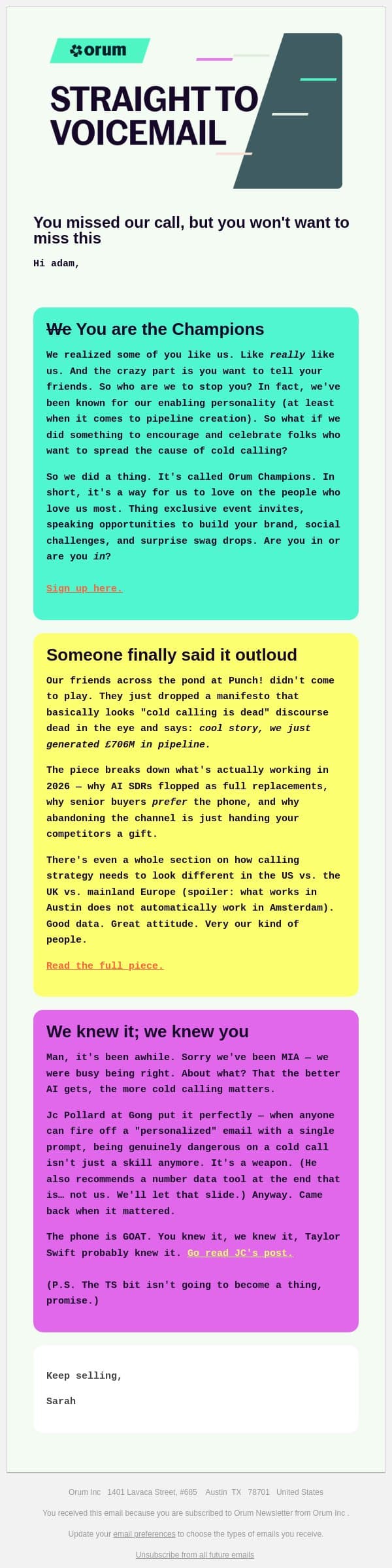You are the Champions email from Orum screenshot