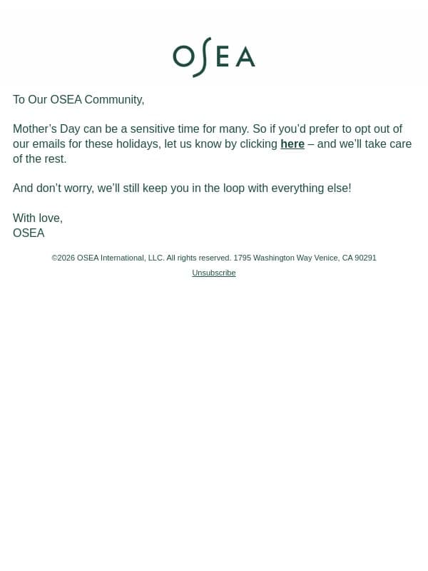 A Note About Mother’s Day email from OSEA screenshot