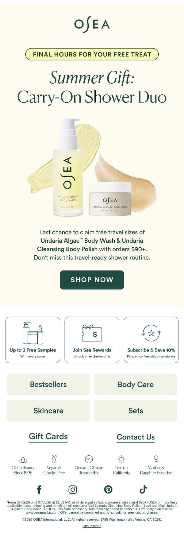 Last Chance to Get Your FREE Travel Gift email from OSEA screenshot