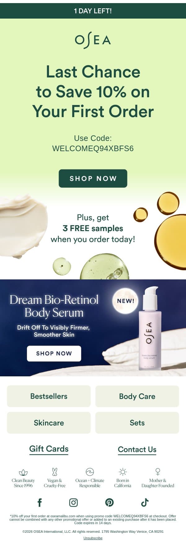Last Chance For 10% Off ⏰ email from OSEA screenshot