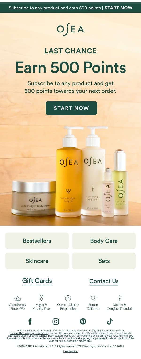 Last Chance to Earn 500 Points email from OSEA screenshot