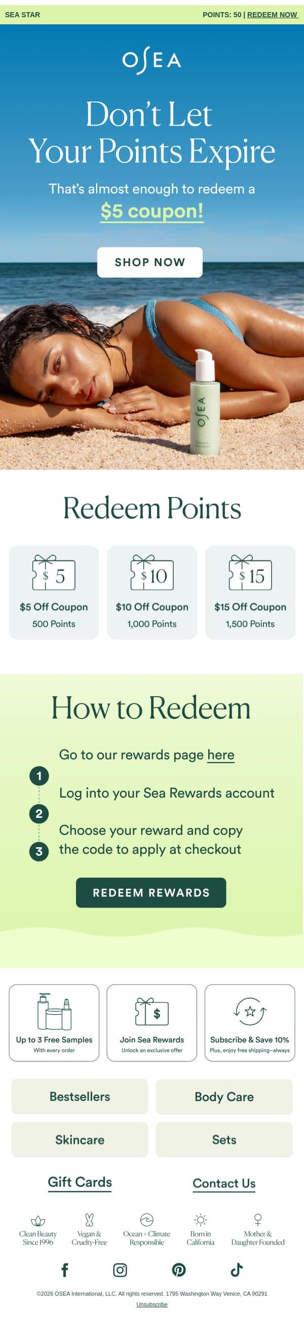 Don't Let Your Points Expire 🌊 email from OSEA screenshot