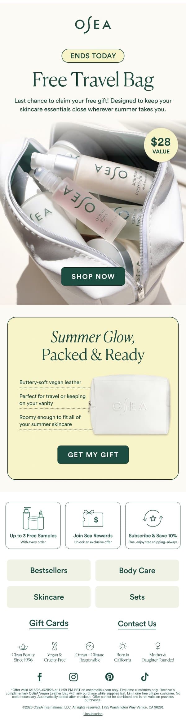 Last Call: Travel Bag on Us email from OSEA screenshot
