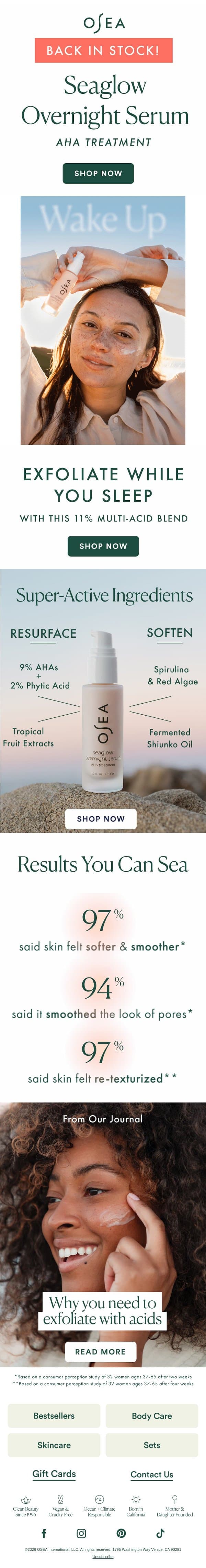 Seaglow Overnight Serum Is Back email from OSEA screenshot