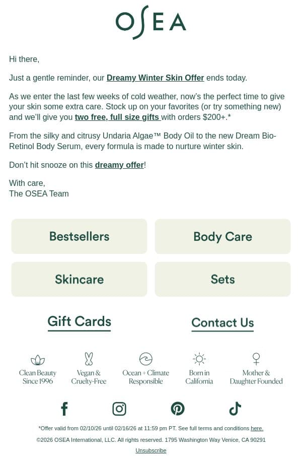 Free Full Size Gifts Are Almost Gone email from OSEA screenshot