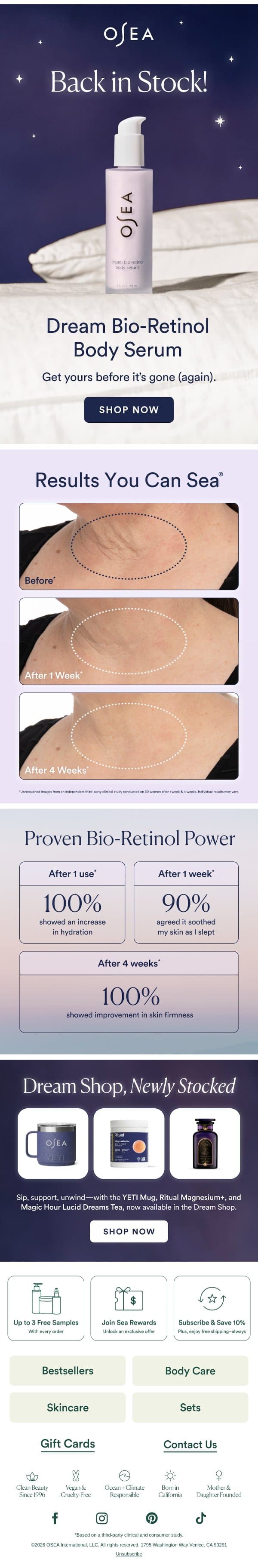 Dream Bio-Retinol Body Serum Is Back email from OSEA screenshot