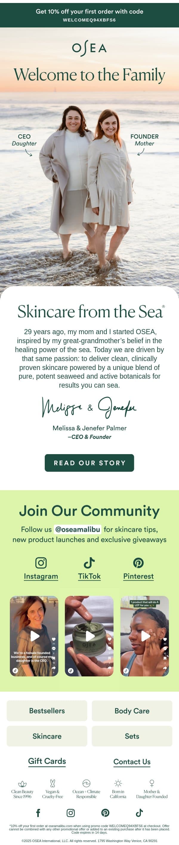 Welcome to the Family email from OSEA screenshot
