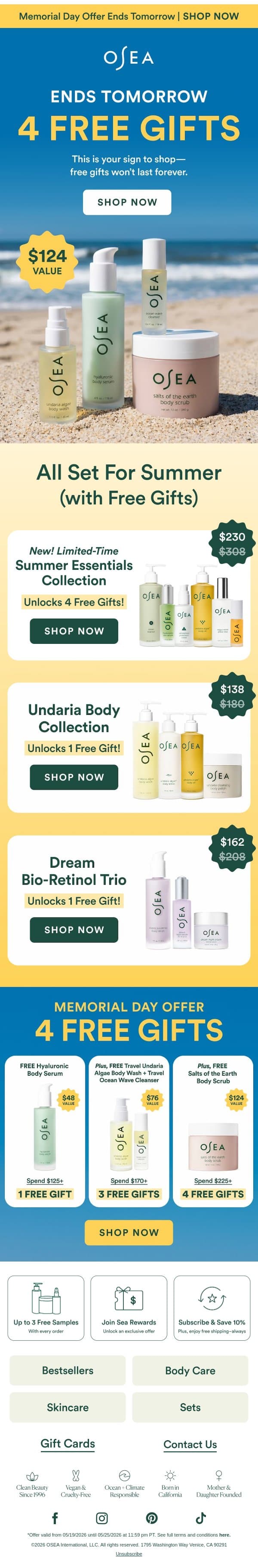 Don’t Miss Out—4 FREE Gifts! email from OSEA screenshot