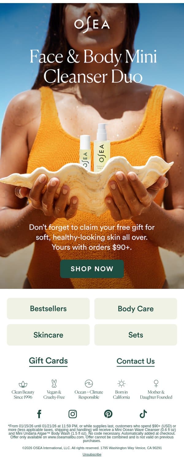 Try 2 Bestselling Cleansers, Free email from OSEA screenshot