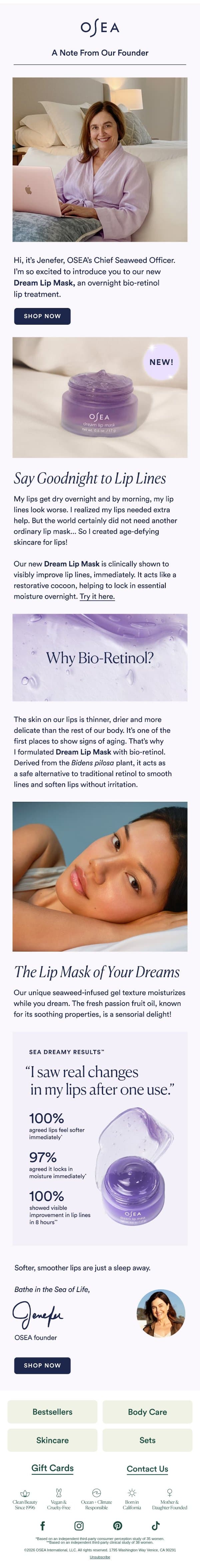Why I Created Dream Lip Mask email from OSEA screenshot