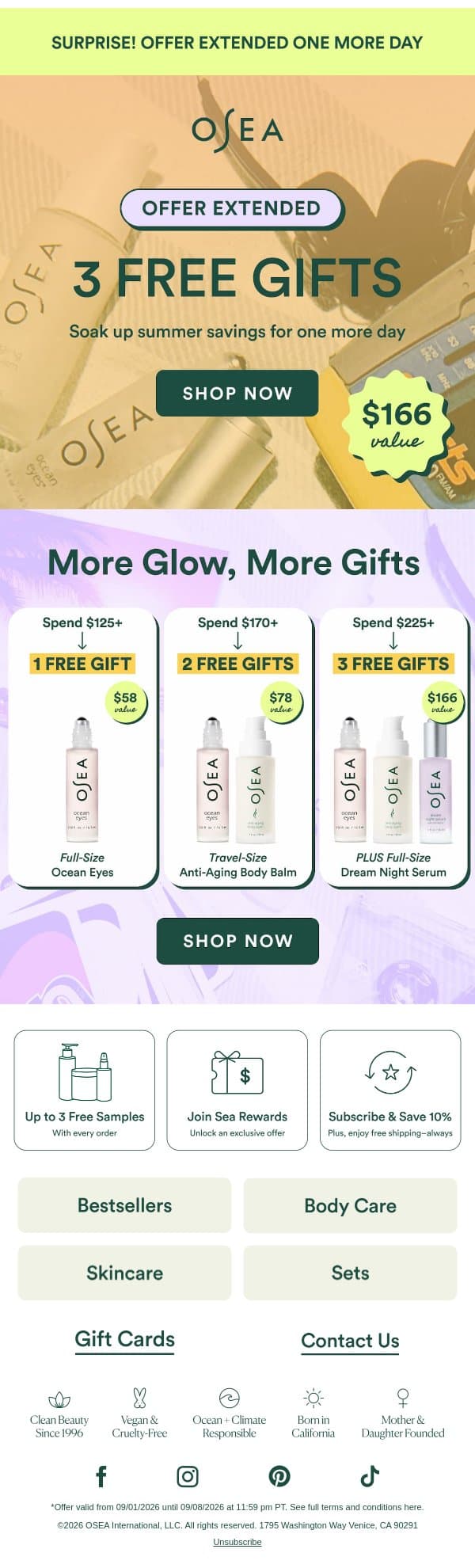 Extended: 3 Free Gifts, One More Day! email from OSEA screenshot