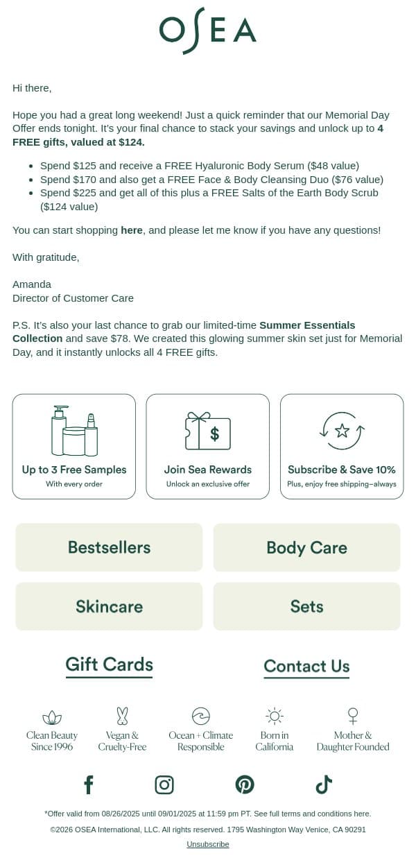 Have You Picked Out Your Free Gifts? email from OSEA screenshot