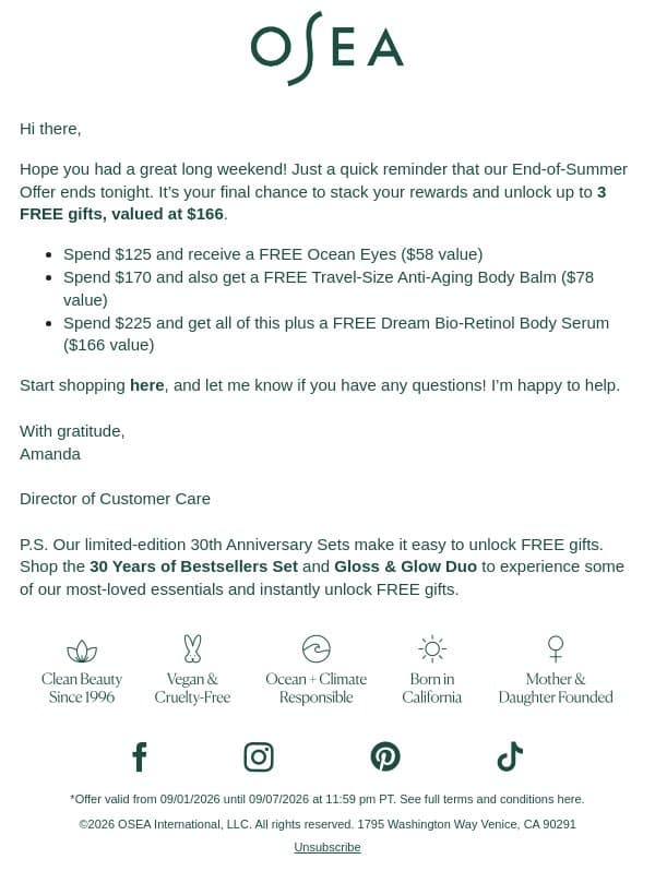 Have You Picked Out Your Gifts Yet? email from OSEA screenshot
