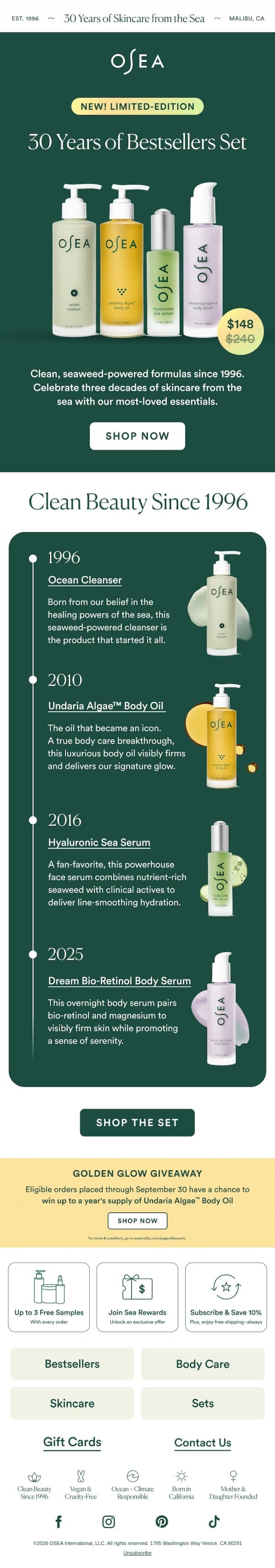 30 Years of Bestsellers in One Set email from OSEA screenshot