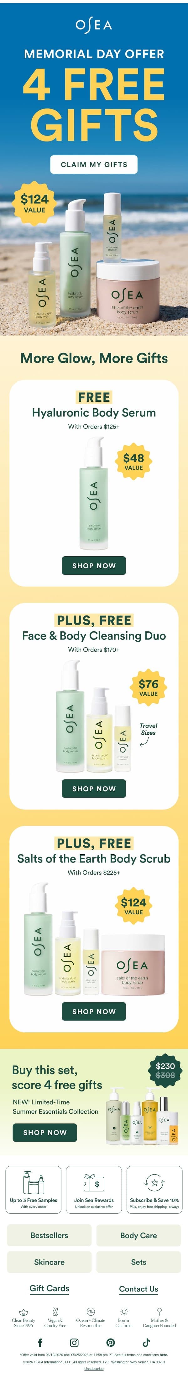4 FREE Gifts for Summer Skin email from OSEA screenshot