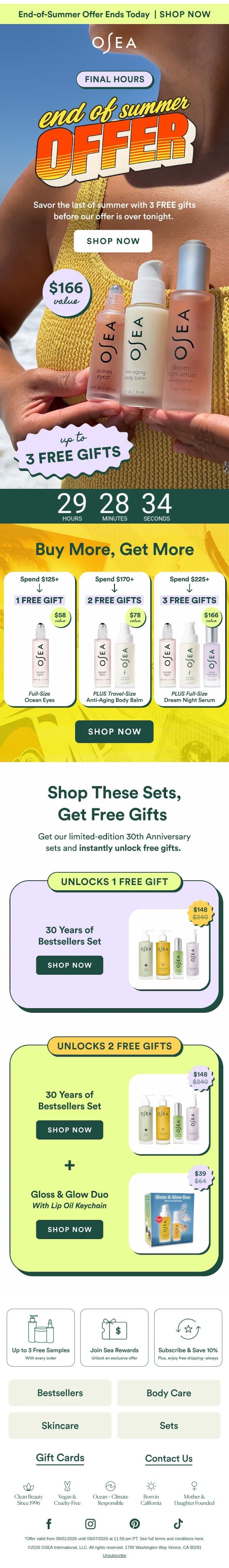 Final Hours for 3 FREE Gifts email from OSEA screenshot