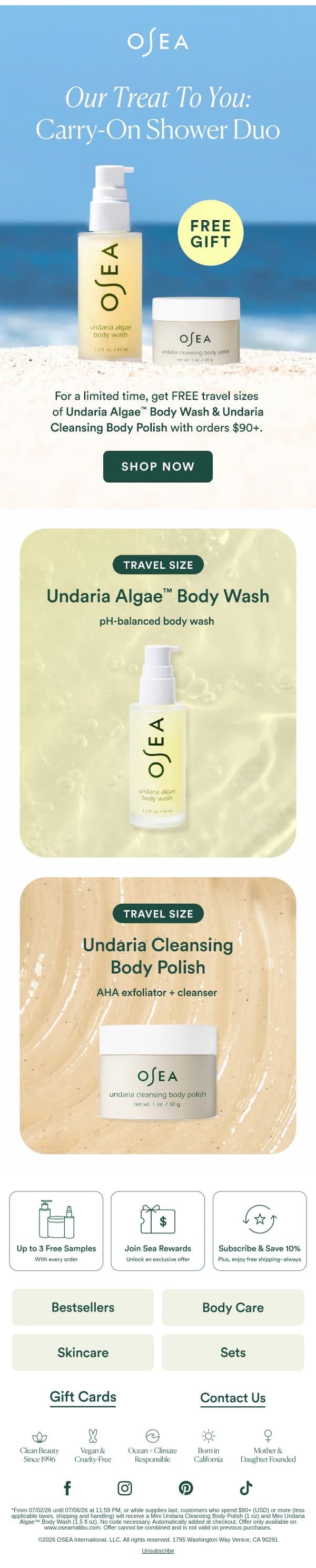 FREE Carry-On Shower Duo 🚿 email from OSEA screenshot