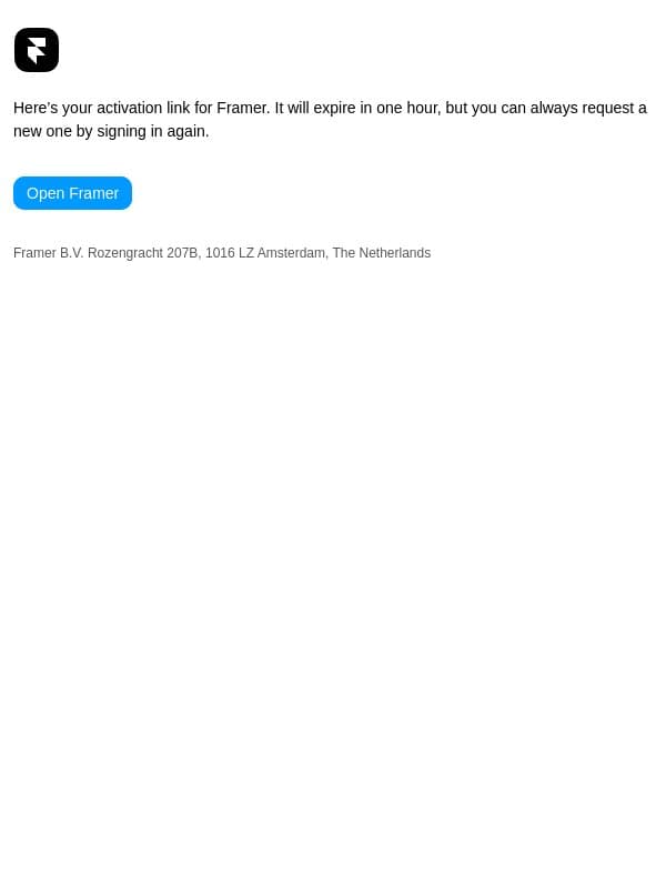 Your activation link for Framer email from Oslo screenshot