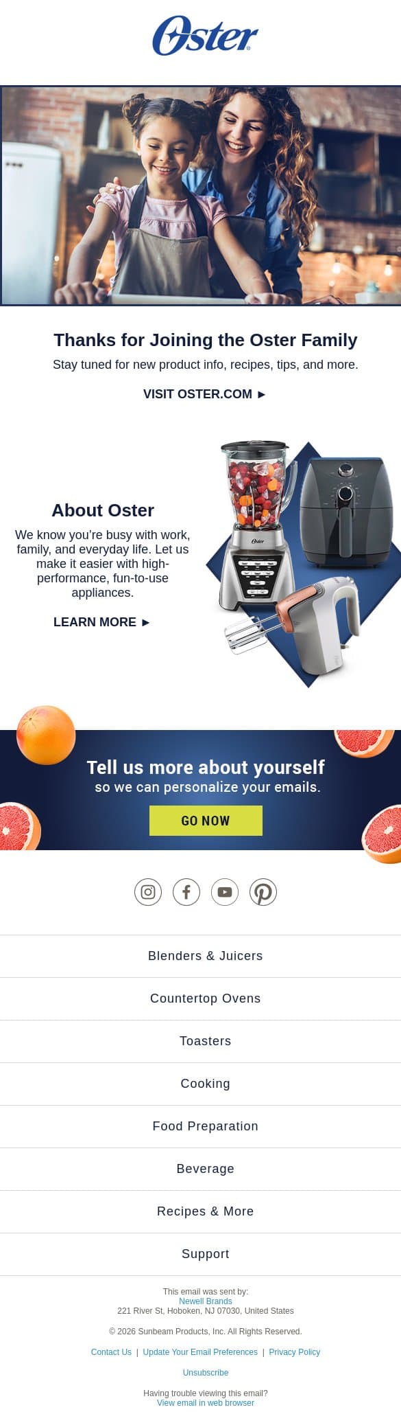 Thanks for joining the Oster family! email from Oster screenshot