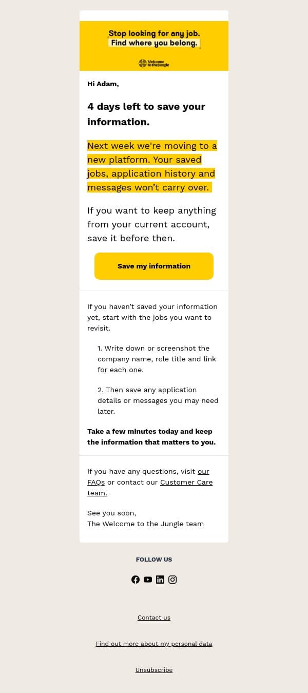 Reminder: 4 days left to save what you want to keep email from Otta screenshot
