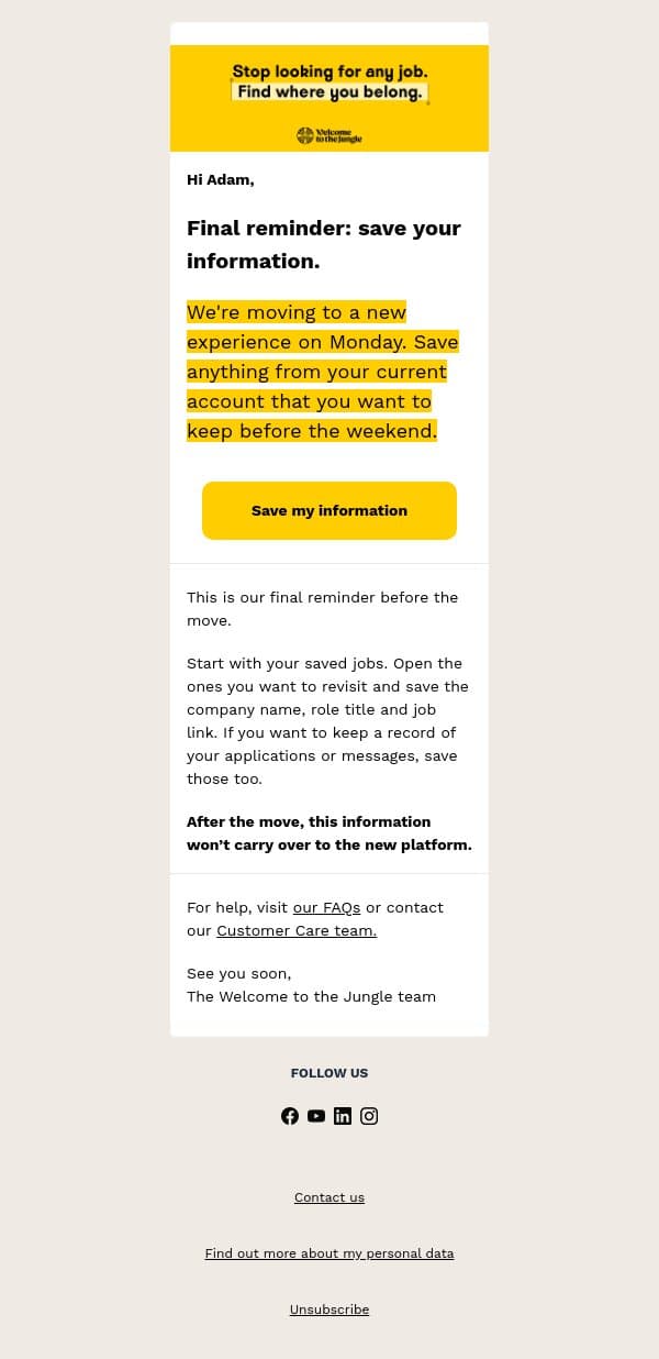 Final reminder: save your jobs before Monday email from Otta screenshot