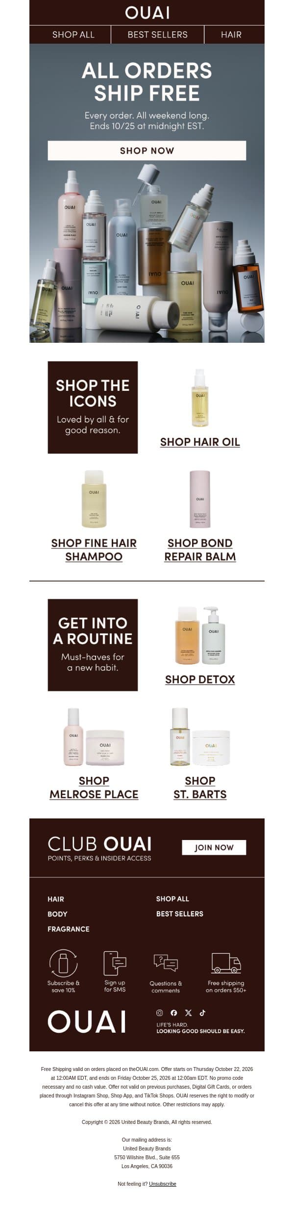 You look like you need free shipping email from OUAI screenshot