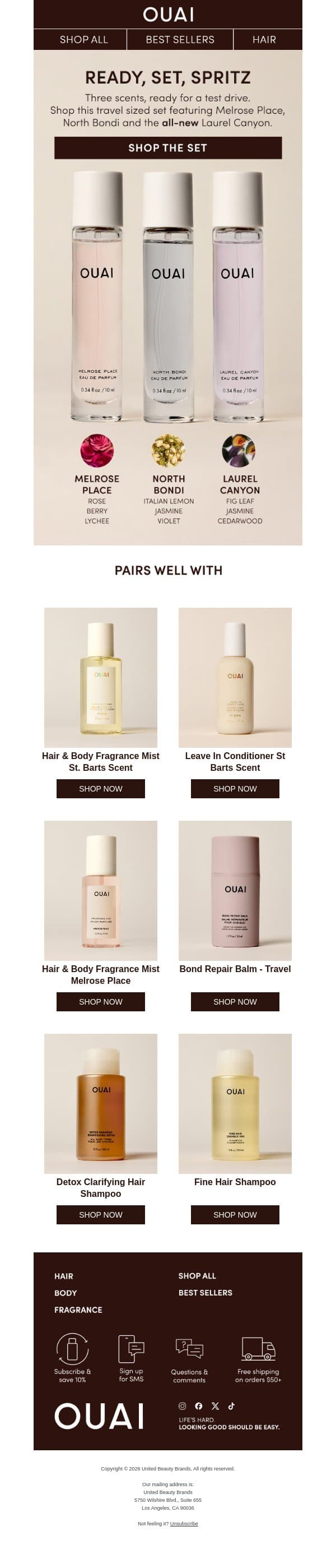 Three scents, one set email from OUAI screenshot