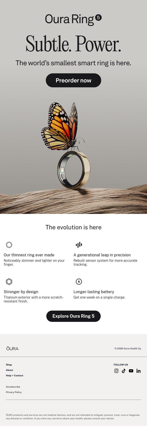 Oura Ring 5 is here. email from Oura screenshot