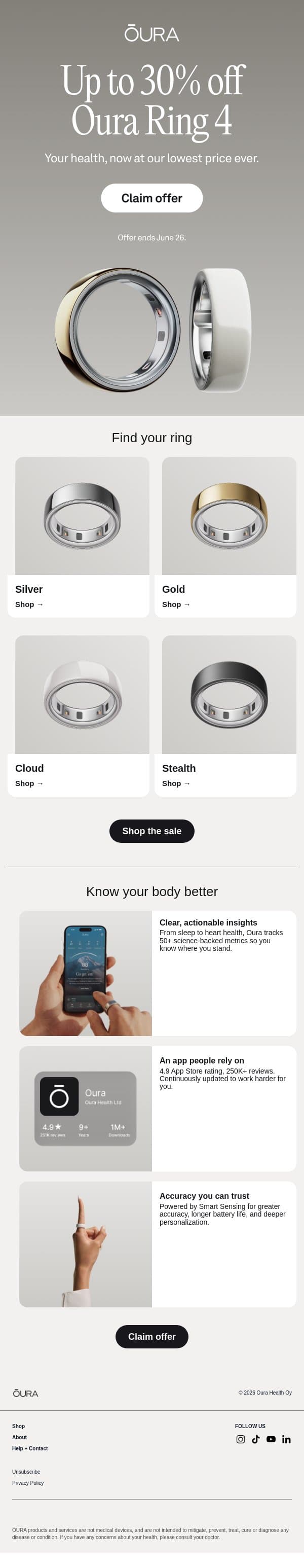 Flash Sale: Save up to 30% on Oura Ring 4 email from Oura screenshot