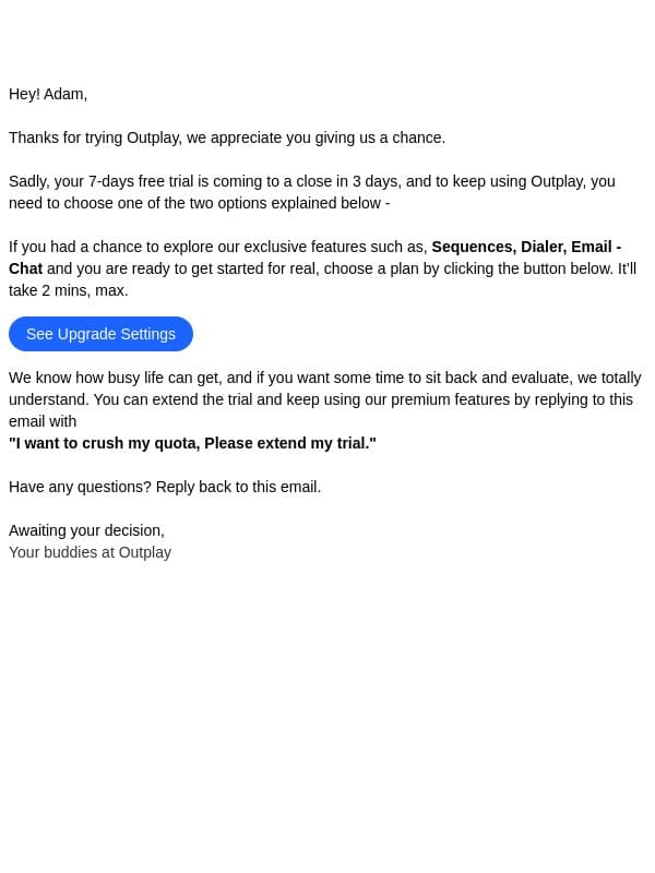 Only 3 days to go for all your experiments with Outplay :) email from Outplay screenshot